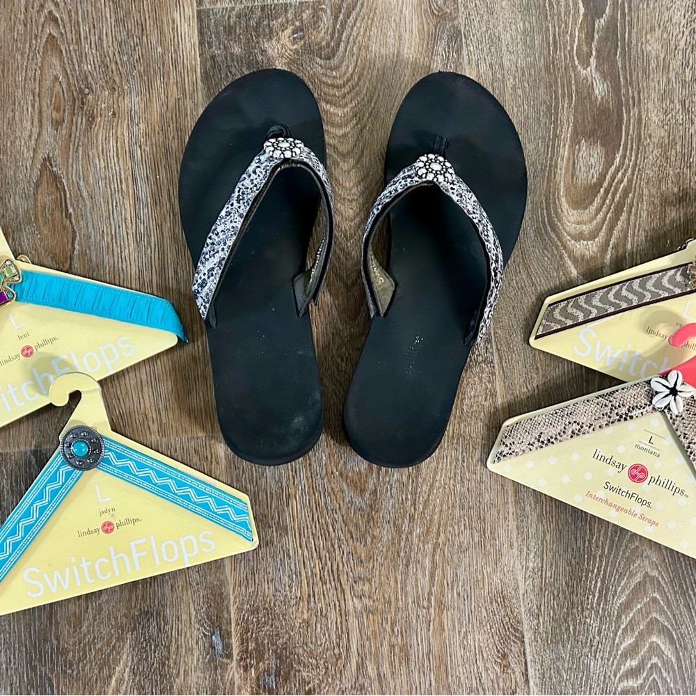 Lindsay Phillips Black Flip Flops with 5 Interchangeable Straps
